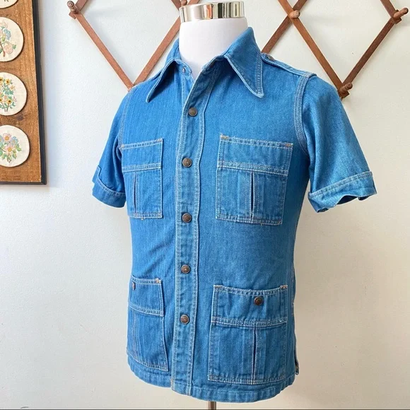 Vintage 1970s Red Snap Denim Utility Shirt - Picture 8 of 14